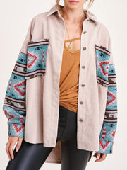Panel Long Sleeve Printed Corduroy Jacket