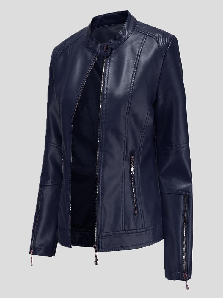 Stand-Up Collar Zipper PU Leather Jacket