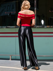 Casual Loose Straight Leg Button Shiny Pants