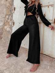 Fashion Solid Tie Long Sleeve Two Piece Set