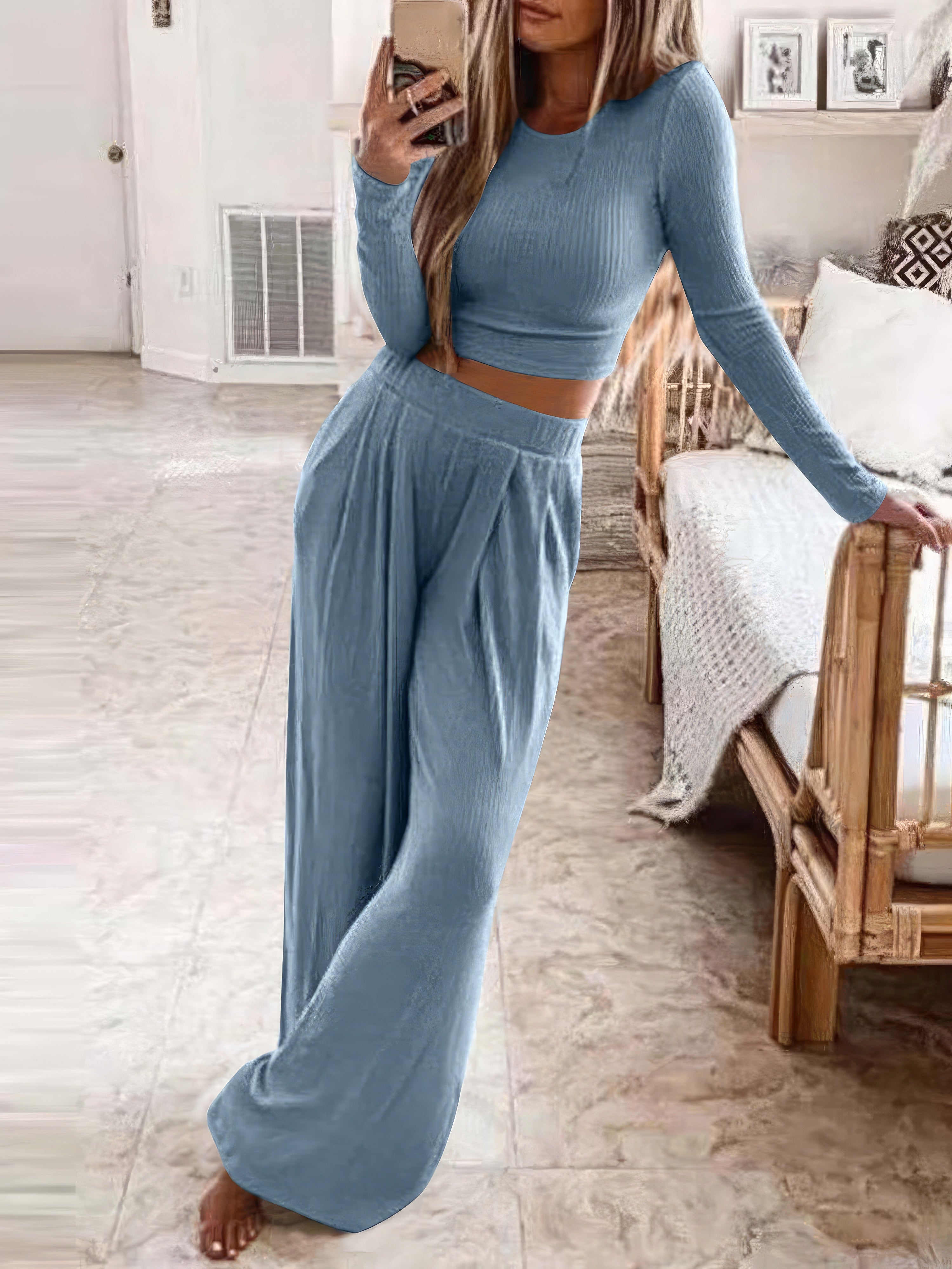 Solid Long Sleeve Crop Top & Trousers Two-Piece Suit