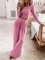 Solid Long Sleeve Crop Top & Trousers Two-Piece Suit