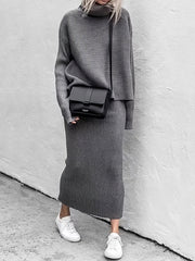 Turtleneck Long Sleeve Sweater & Knitted Skirt Two-Piece Suit