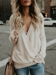 Deep V-Neck Long Sleeve Knitted Sweater