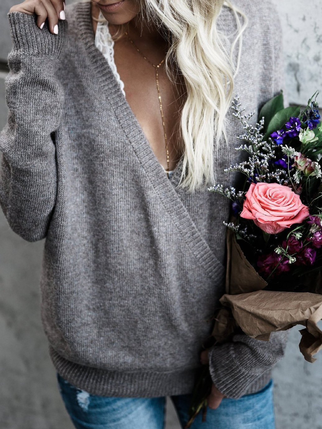 Deep V-Neck Long Sleeve Knitted Sweater