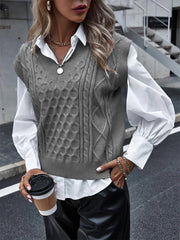 Knit V-Neck Vest Sleeveless Cable Sweater - Bishop - Poet - Halter - Jewel - Closed