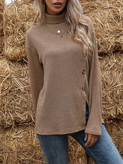 Long Sleeve Asymmetric Button Split High Neck Sweater