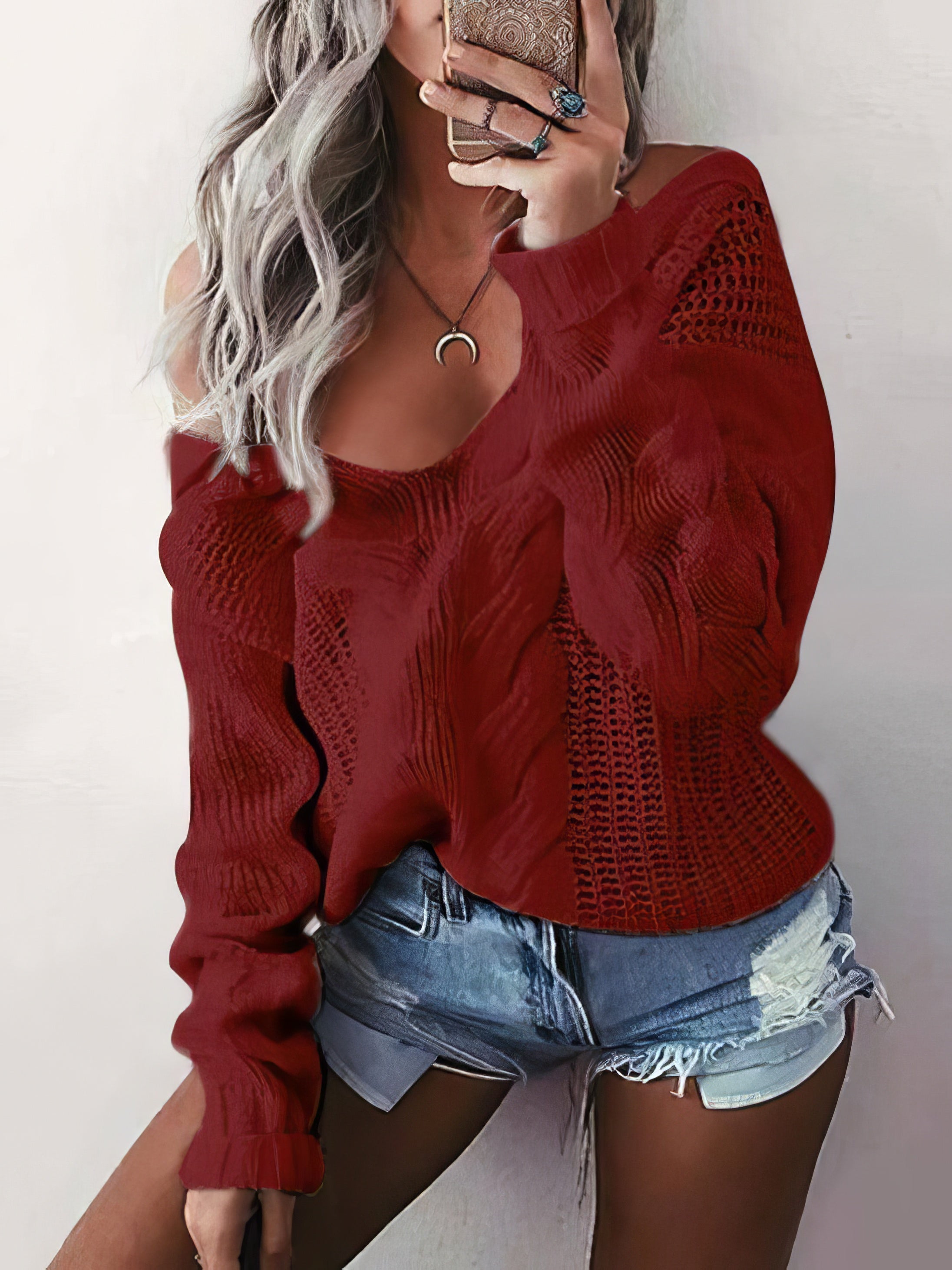 Solid V-Neck Twist Pullover Sweater