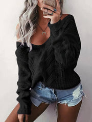 Solid V-Neck Twist Pullover Sweater
