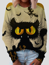 Cat Print Round Neck Long Sleeve T-Shirt