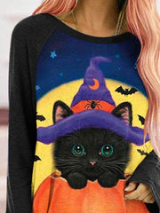 Cat Pumpkin Print Crew Neck Long Sleeve T-Shirt