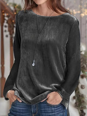 Gold Velvet Long Sleeve Round Neck T-Shirt