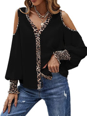 Leopard Print Stitching V Neck Button Off-The-Shoulder T-Shirt