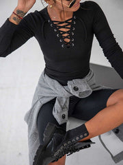 Solid Color Long Sleeve V-Neck Knitted Sexy T-Shirt