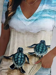 Turtle Print V-Neck Short Sleeve T-Shirt - Drop Shoulder - Closed - Bracelet