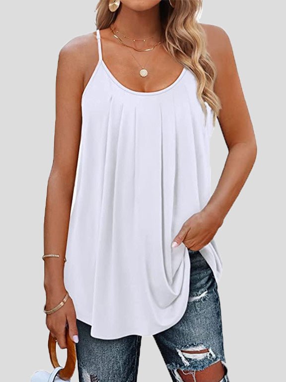 Tops Pleated Sling Crew Neck Tank Tops