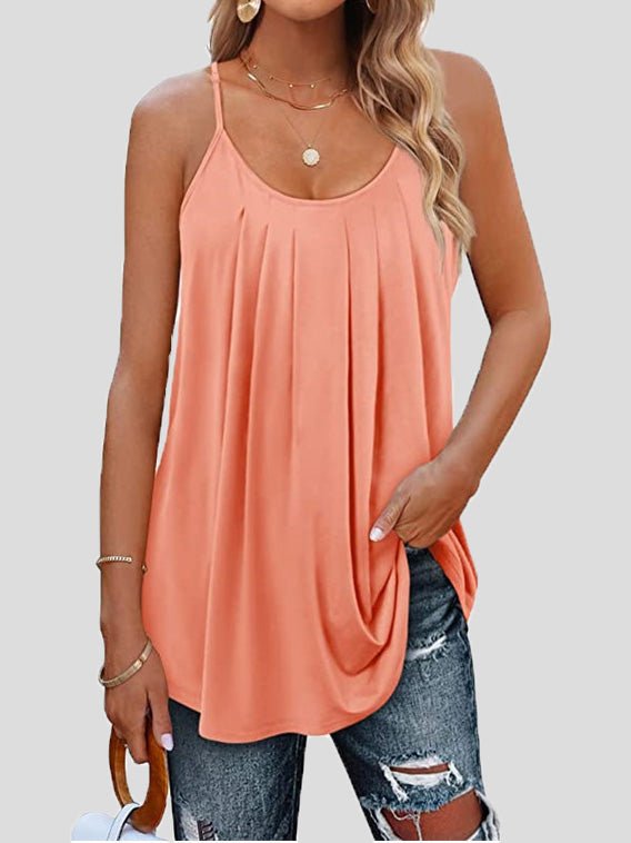 Tops Pleated Sling Crew Neck Tank Tops