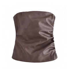 Dark Brown Faux Leather Slim Fit Ruched Strapless Tube Top