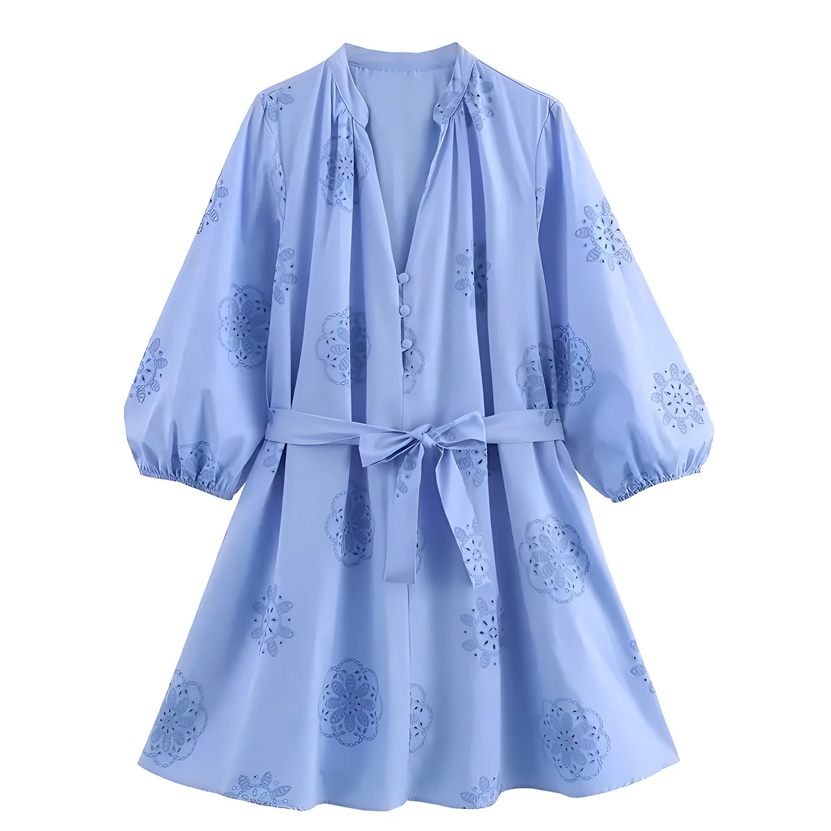 Light Blue Eyelet Embroidered V-Neck Long Puff Sleeve Linen Mini Dress