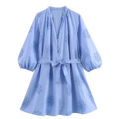 Light Blue Eyelet Embroidered V-Neck Long Puff Sleeve Linen Mini Dress