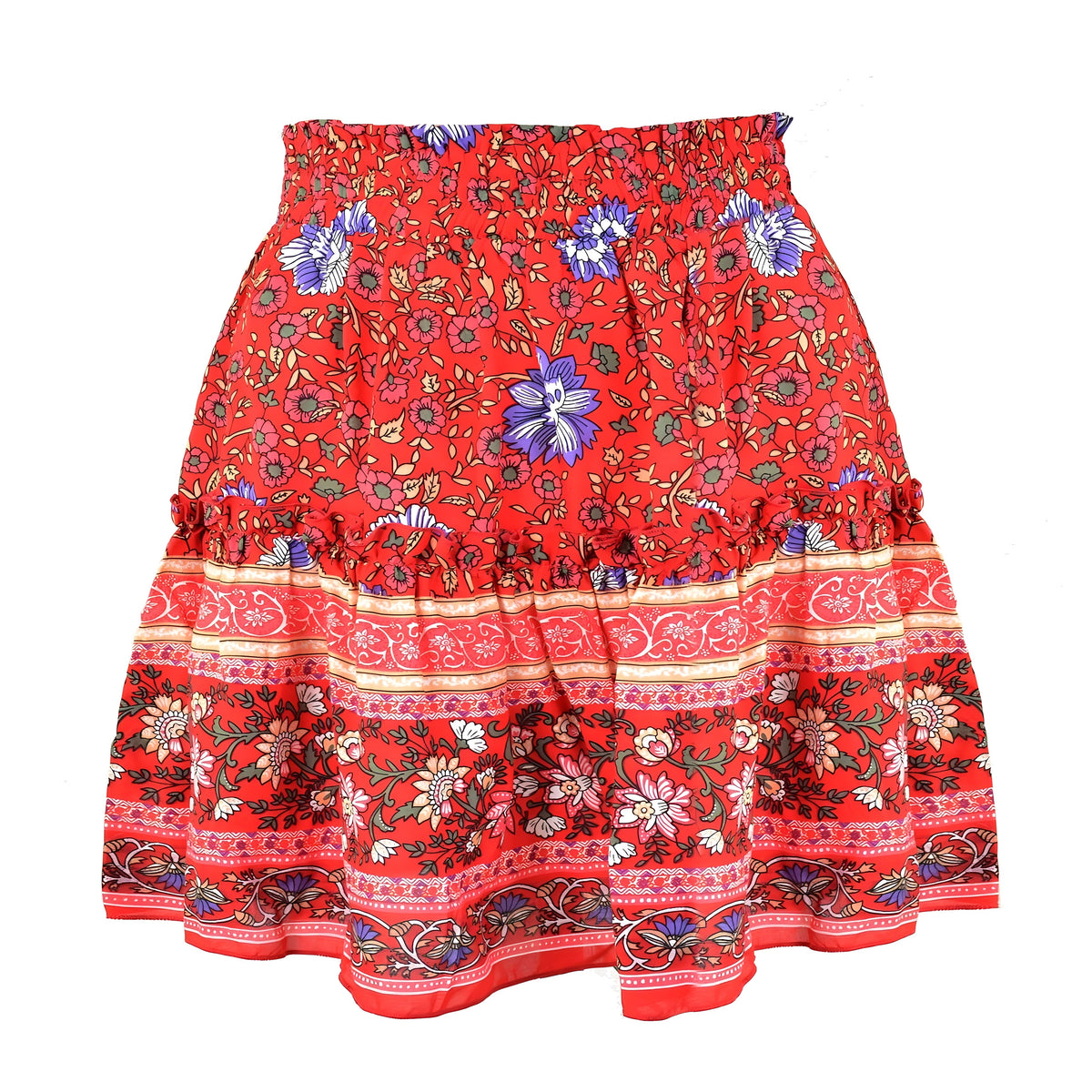 Wailuku Red Floral Print Ruffle Mid-High Rise Tiered Mini Skirt