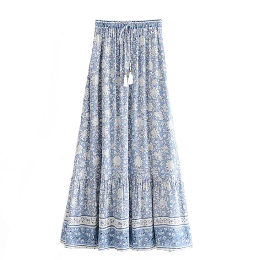 Light Blue Floral Print Low-Rise Tiered Boho Linen Maxi Skirt