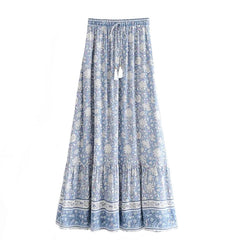 Light Blue Floral Print Low-Rise Tiered Boho Linen Maxi Skirt