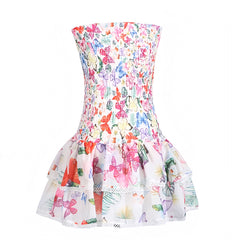White Multi-Color Butterfly Floral Layered Ruffle Smocked Halter Mini Dress
