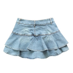 Light Wash Blue Faded Layered Ruffle Low Rise Denim Jean Mini Skirt