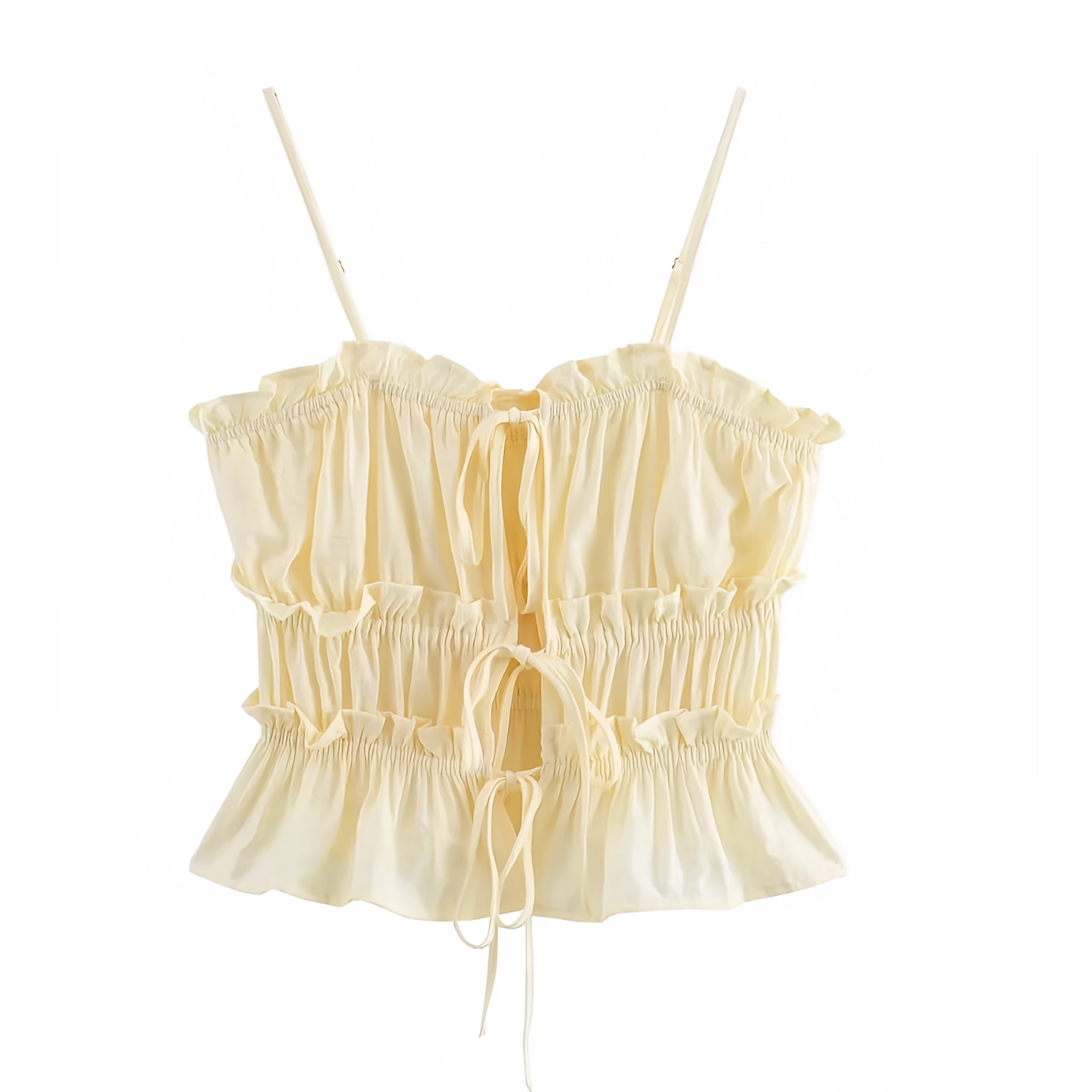 Light Yellow Ruffle Top Light Yellow Slim Fit Ruffle Trim Tiered Bow Spaghetti Strap Tank Top ...