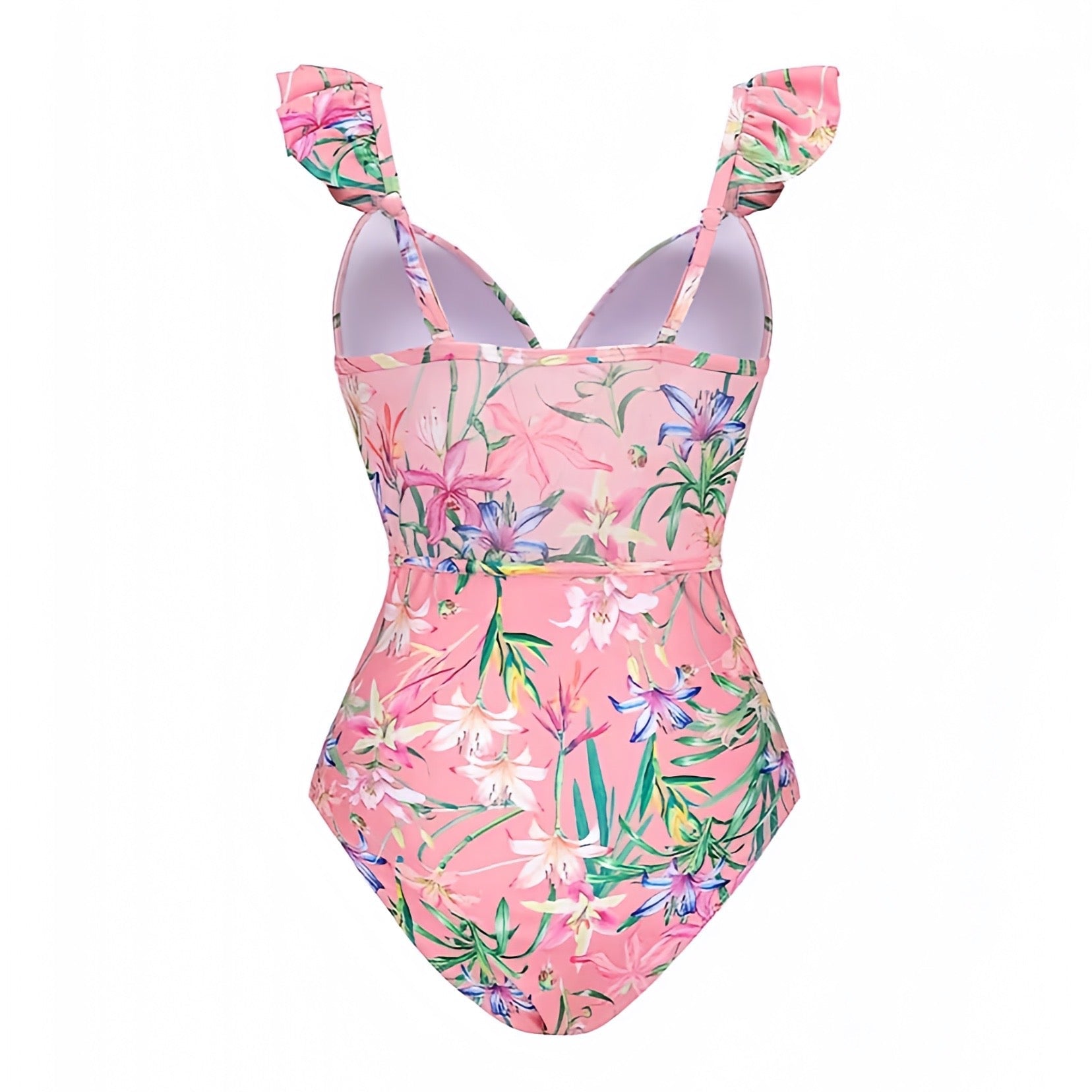 Florida Keys Light Pink Floral Print Ruffle Trim Spaghetti Strap One Piece Swimsuit