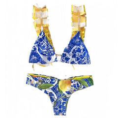 Saint Tropez Lemon Patterned Ruffle Trim 2 Piece Triangle Bikini Set