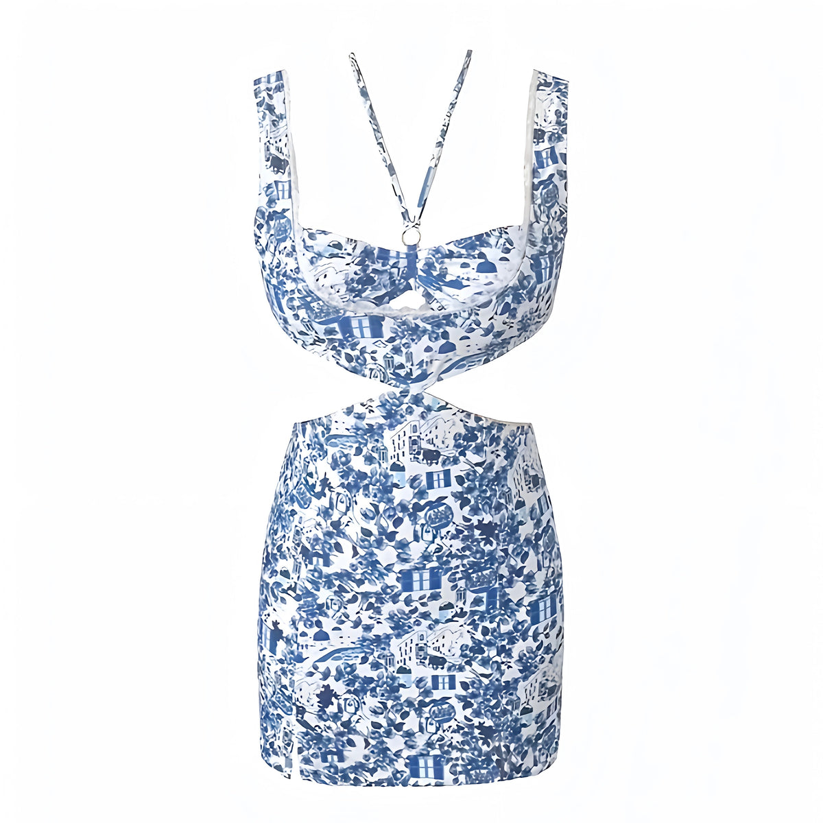 Dark Blue Floral Print Lace Trim Cut Out Mini Dress