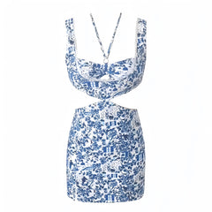 Dark Blue Floral Print Lace Trim Cut Out Mini Dress