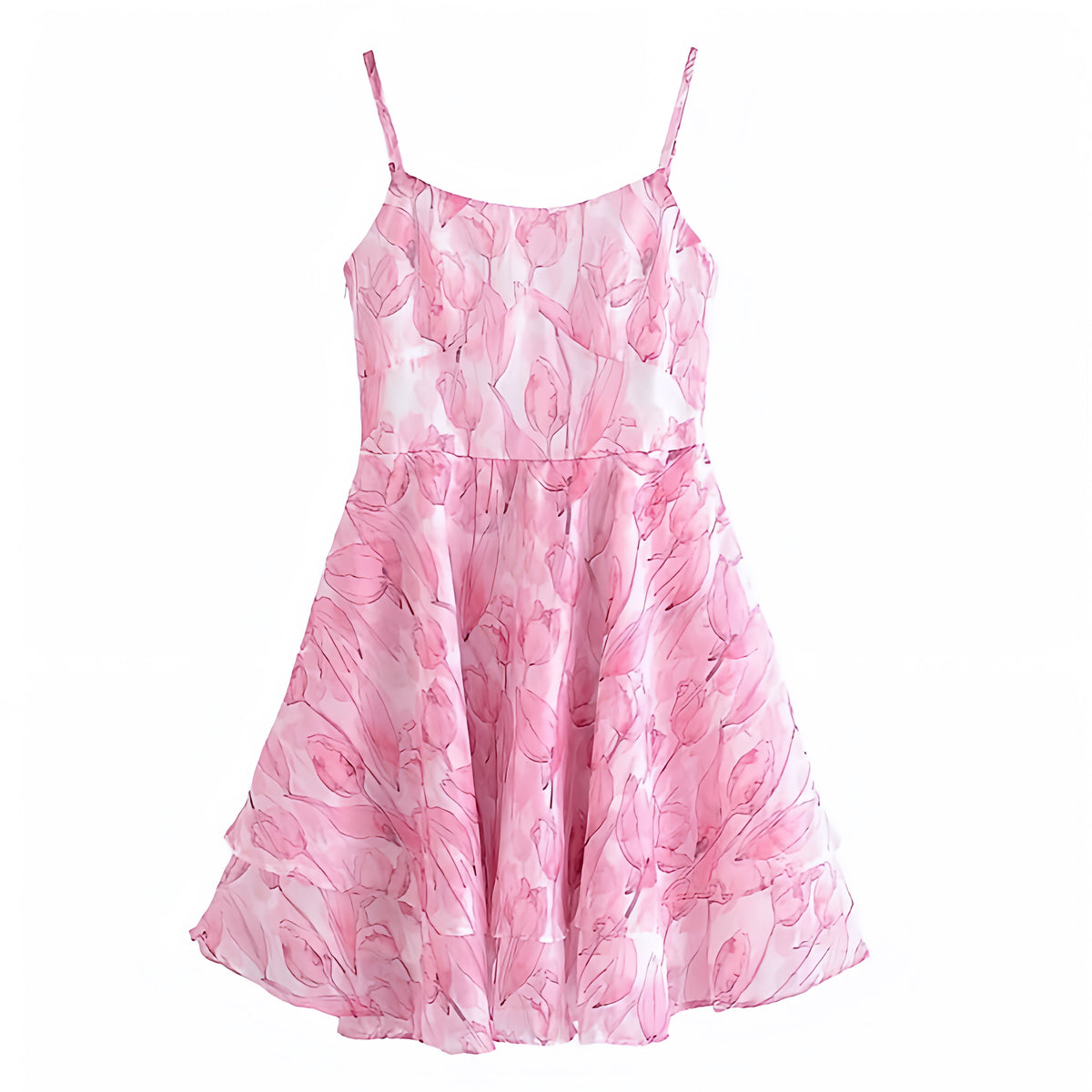 Light Pink Tulip Floral Print Layered Ruffle Spaghetti Strap Mini Dress