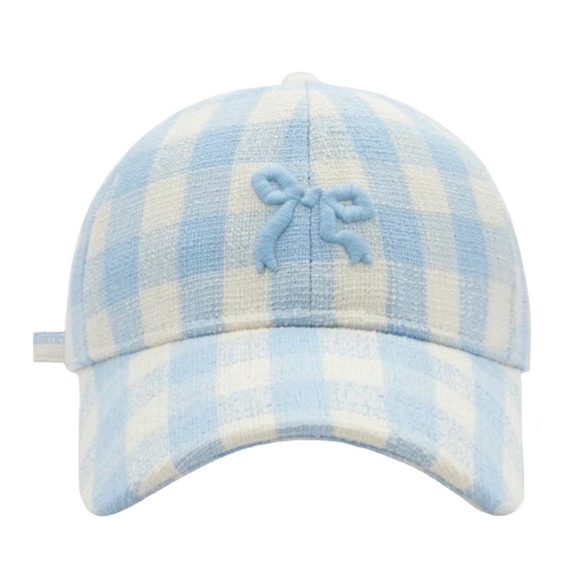 Light Blue Bow Gingham Checkered Trucker Sun Hat