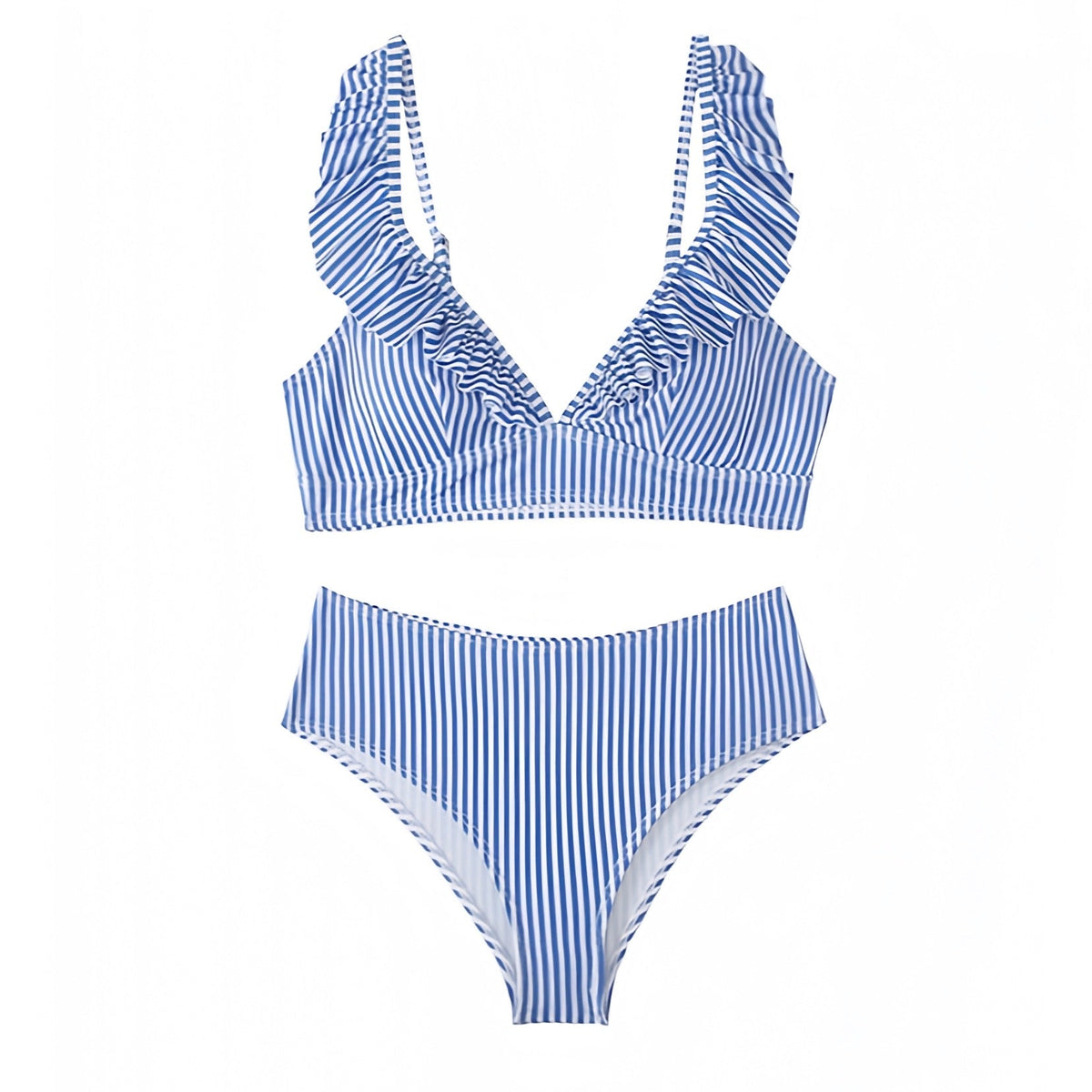 Light Blue Striped Seersucker Ruffle Trim 2 Piece Triangle Bikini Set