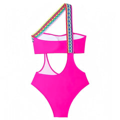 Hot Pink Rainbow Bodycon Cut-Out Asymmetric Off-Shoulder One Piece Swimsuit
