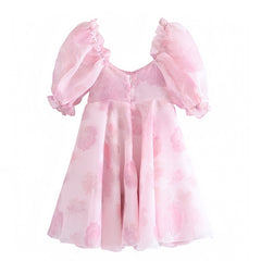Light Pink Floral Print Corset Ruffle Trim Puff Sleeve Babydoll Mini Dress