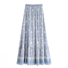 Light Blue Floral Print Low-Rise Tiered Boho Linen Maxi Skirt