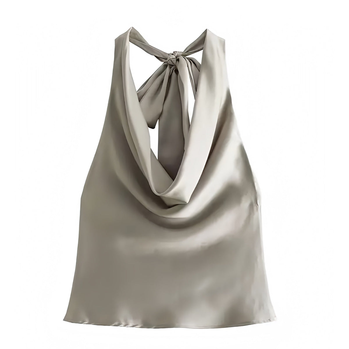 Champagne Satin Draped Scoop Neck Backless Halter Crop Tank Top