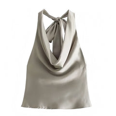 Champagne Satin Draped Scoop Neck Backless Halter Crop Tank Top