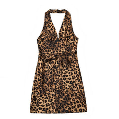 Leopard Print Bodycon V-Neck Sleeveless Halter Mini Dress