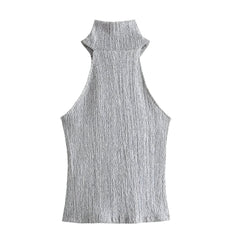 Light Grey Knitted Slim Fit Sleeveless Turtleneck Full Length Halter Tank Top