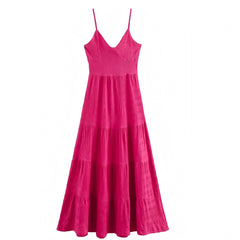 Hot Pink Slim Fit Spaghetti Strap Tiered Backless Maxi Dress