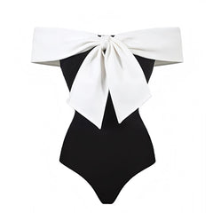 Black & White Contrast Bow Off Shoulder One Piece Swimsuit