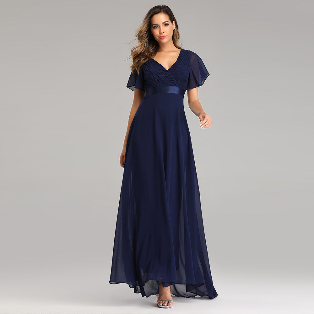 Plus Size V Neck Ribbon Waist Formal Evening Dress With Sleeves