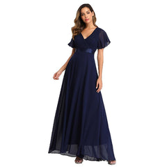 Plus Size V Neck Ribbon Waist Formal Evening Dress With Sleeves