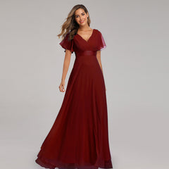 Plus Size V Neck Ribbon Waist Formal Evening Dress With Sleeves