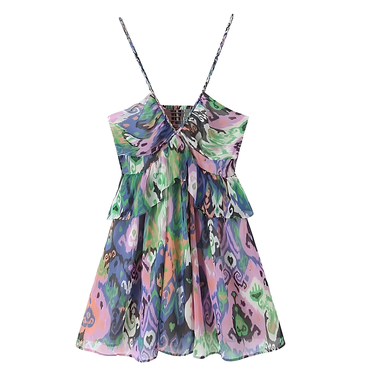 Madrid Multi-Color Patterned Ruffle Trim V-Neck Sleeveless Halter Mini Dress